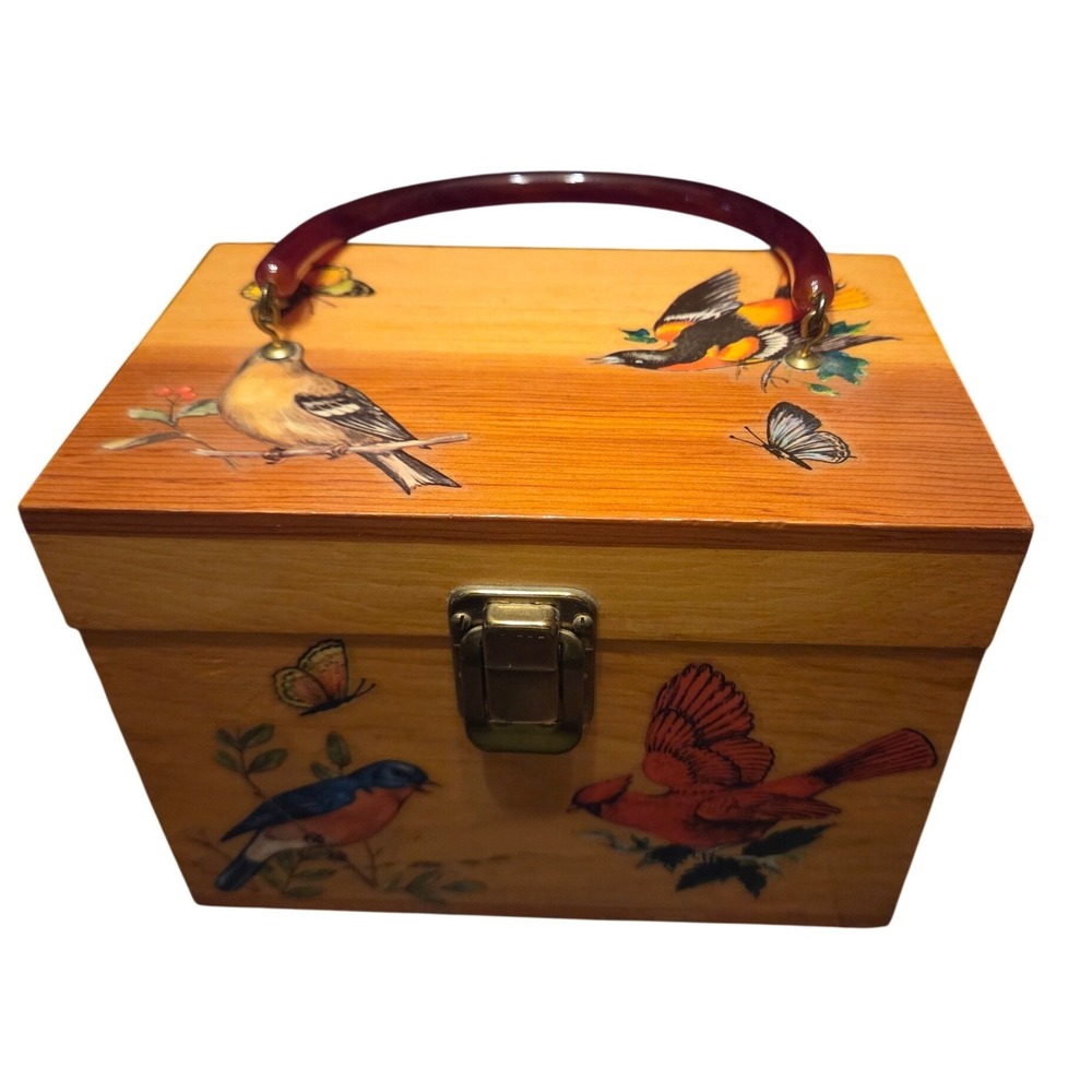 Vintage Wooden Box Purse Brown Bird Butterfly Lucite Handle Mid-Century
